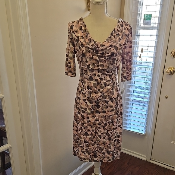 Connected Apparel pink gray black dot print Dress drape neck stretch size 12 New - Picture 1 of 7